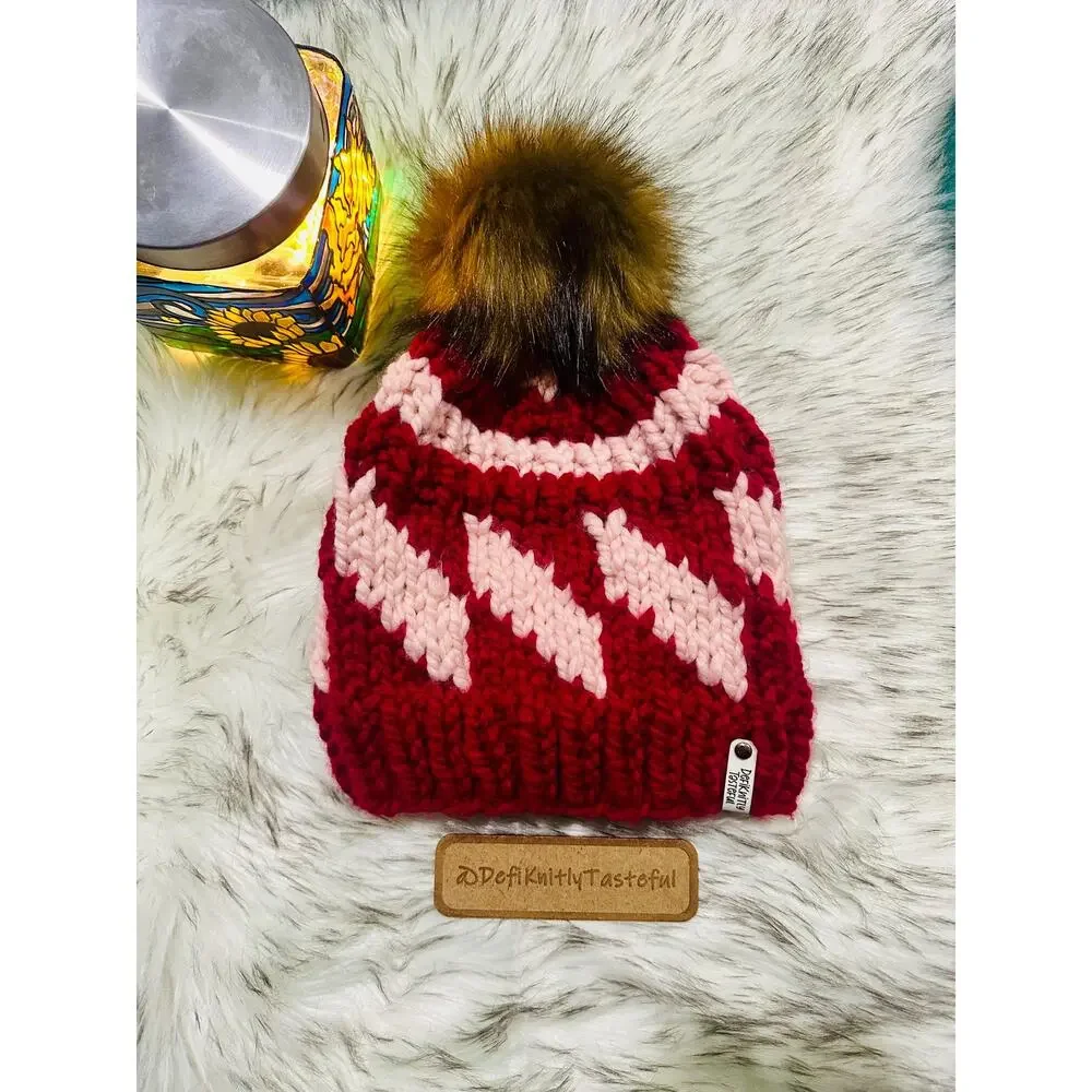 Hand Knit Tilt A Whirl Beanie: Cozy Winter Hat with Faux Fur Pom